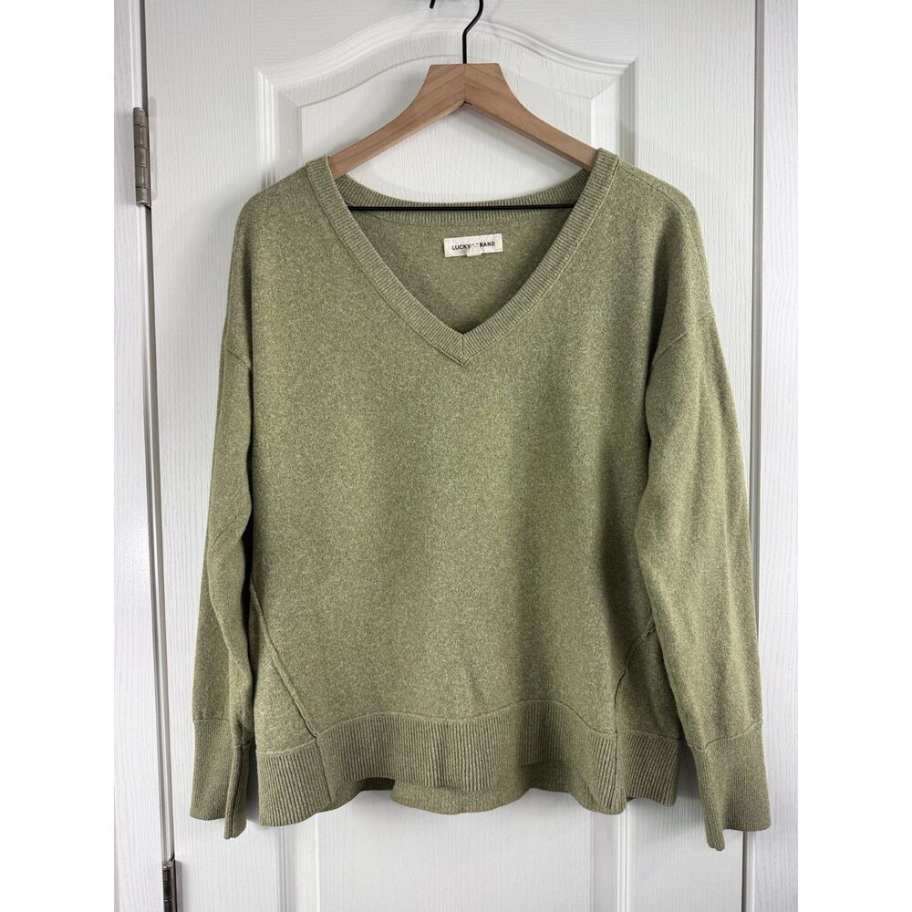 Lucky Brand Women’s V-Neck Pullover Sweater Olive Green Size M Relaxed Fit